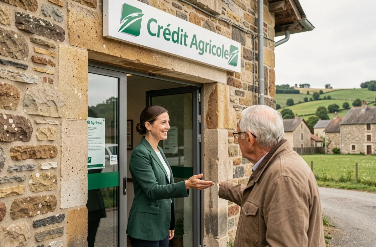 Façade d'une agence Crédit Agricole Franche-Comté dans un village rural avec une conseillère accueillant un client