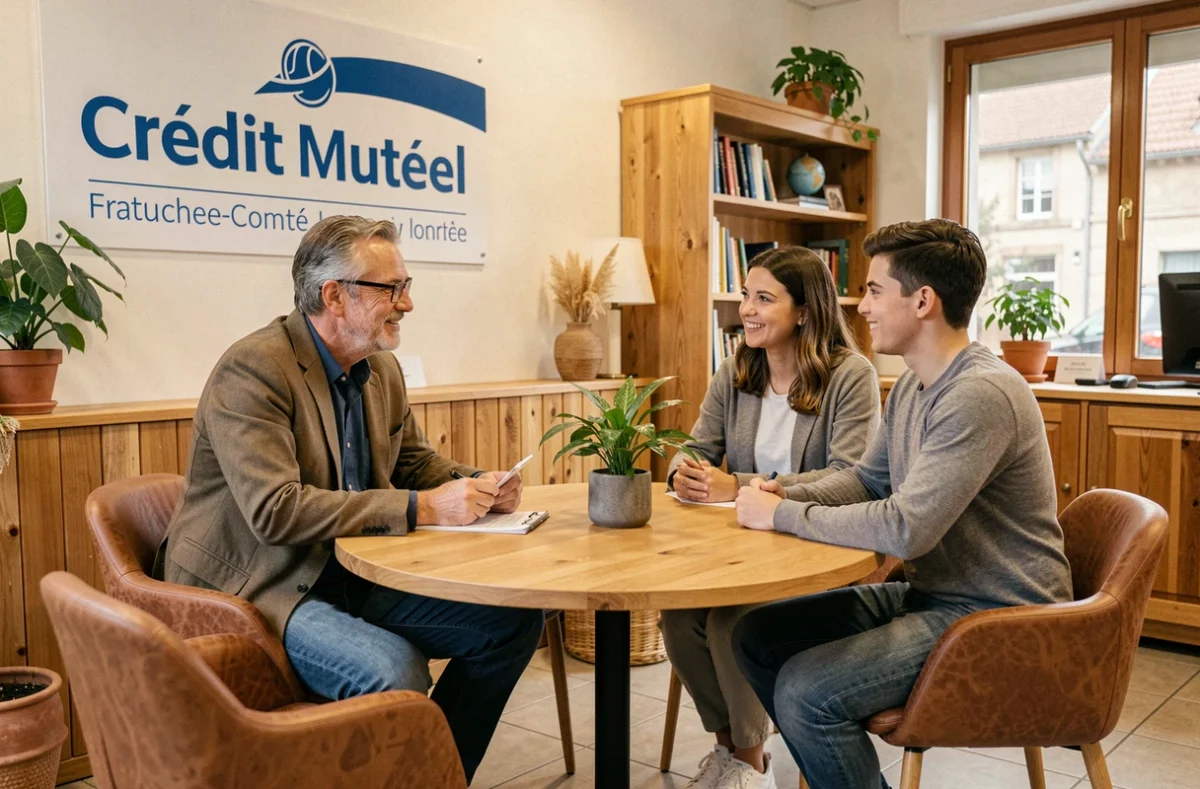 Conseiller du Crédit Mutuel de Franche-Comté en consultation avec un couple de jeunes clients dans une agence chaleureuse