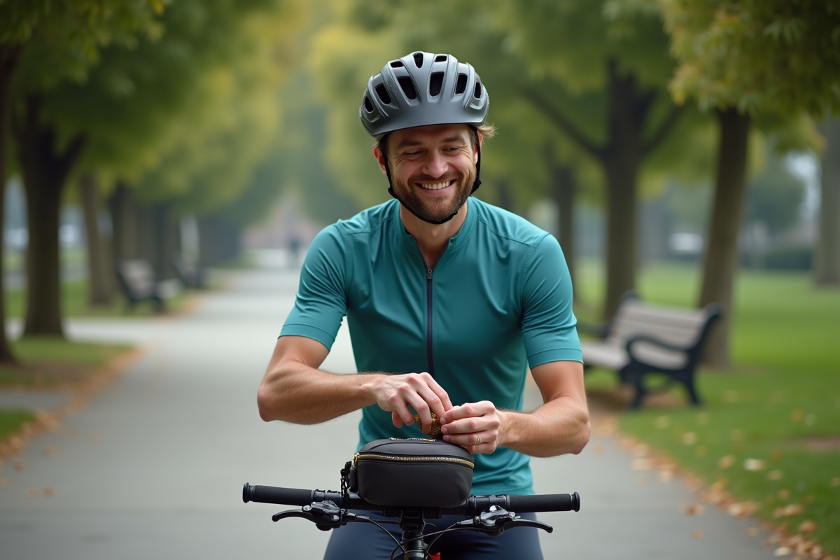 Homme en tenue de cyclisme retire des pièces de son sac