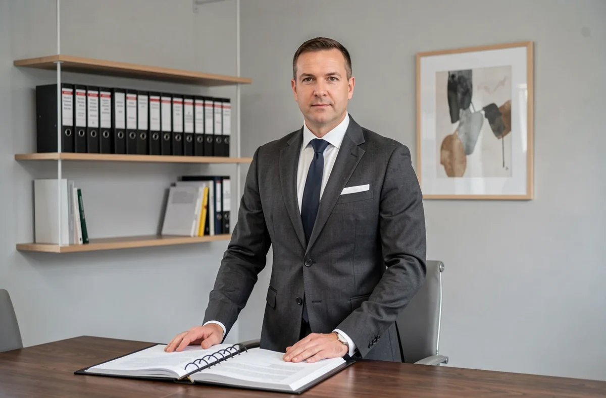 Notaire Cyr Essone en costume anthracite debout dans un bureau notarial parisien contemporain avec classeur juridique ouvert sur la table de conférence