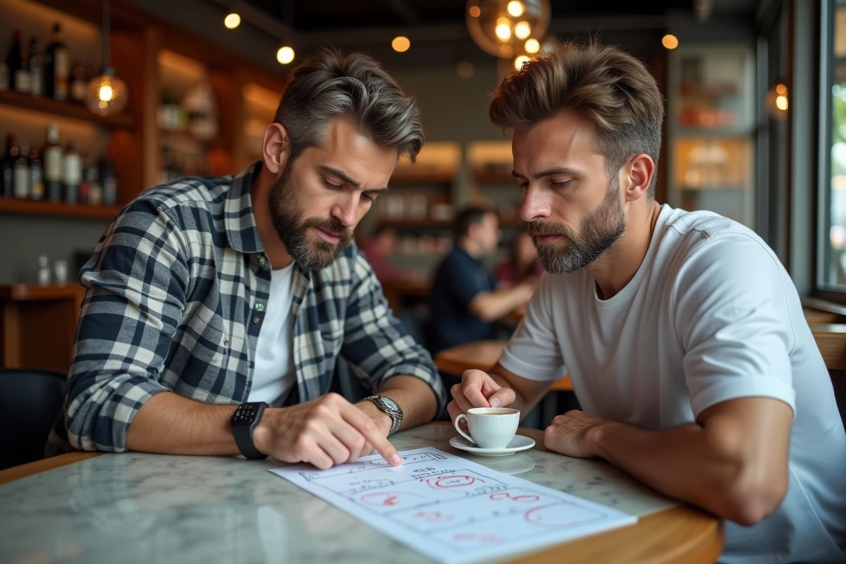 Deux hommes analysant ensemble une stratégie Egraal autour d'un café en terrasse