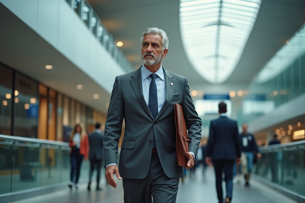 Homme d'affaires en costume gris marchant dans un stade sportif moderne, illustrant les investissements de Nasser Al Khelaïfi dans le football et le sport