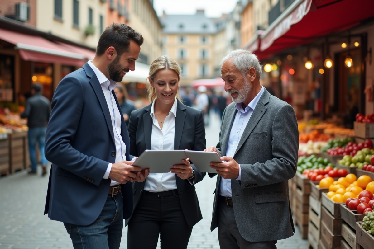 Trois adultes discutent dans un marché coloré en plein air