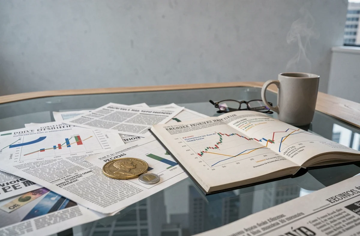Documents financiers et graphiques d'inflation sur une table avec pièces en francs et euros illustrant 40 ans de performance boursière du CAC 40
