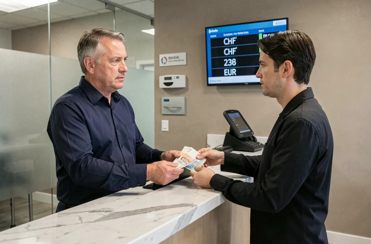Homme effectuant un échange de 1000 francs suisses en euros au guichet d'une banque moderne