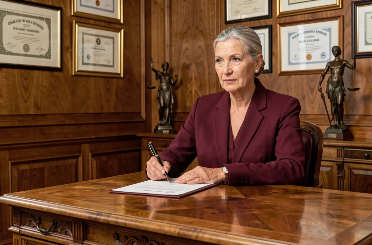 Notaire Elisabeth Grauzam en blazer bordeaux signant un acte officiel à la plume dans un bureau notarial parisien raffiné aux boiseries chaleureuses