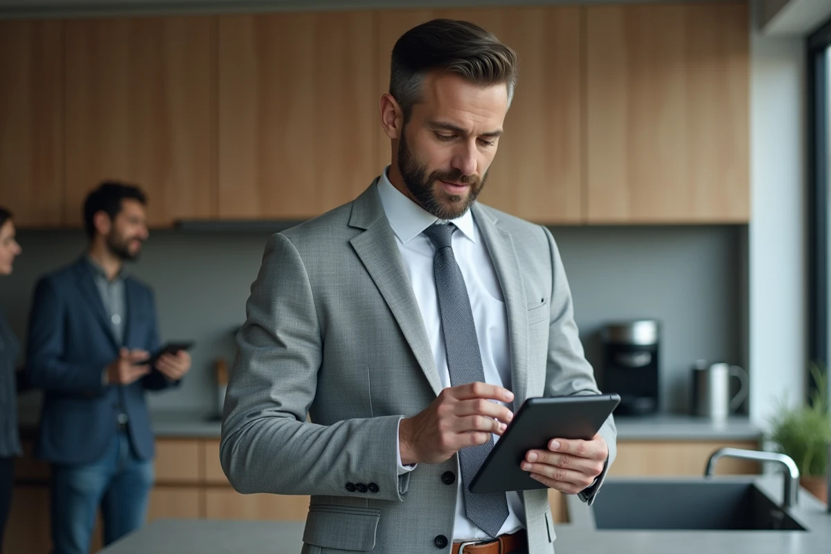 Employé de Société Générale consultant le portail CCUES sur une tablette numérique dans une salle de pause d'entreprise