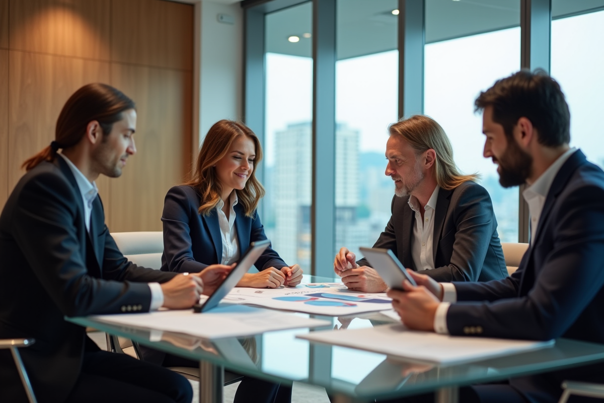 Groupe de professionnels en réunion stratégie dans un bureau moderne
