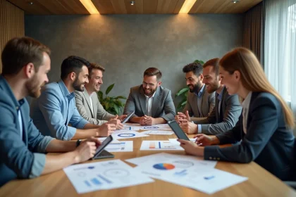 Groupe de professionnels discutant strat&eacute;gie avec table et tablettes