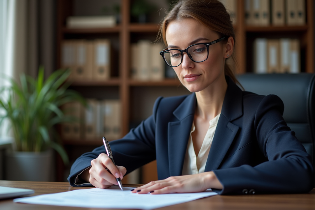 Femme d affaires en costume bleu examine un document important