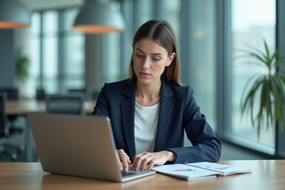 Femme d'affaires en blazer analysant des graphiques financiers