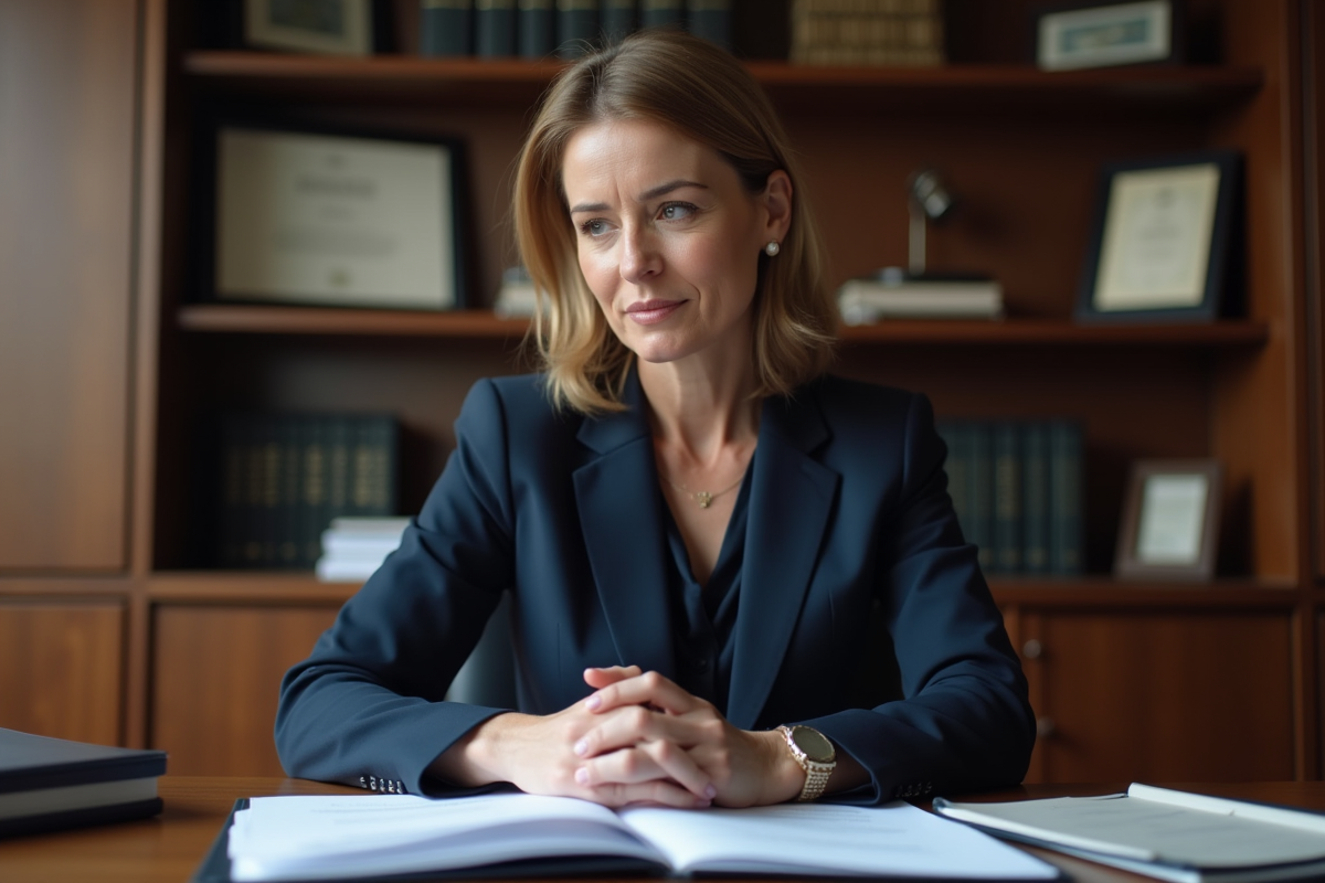 Femme d'affaires en costume regardant des documents financiers