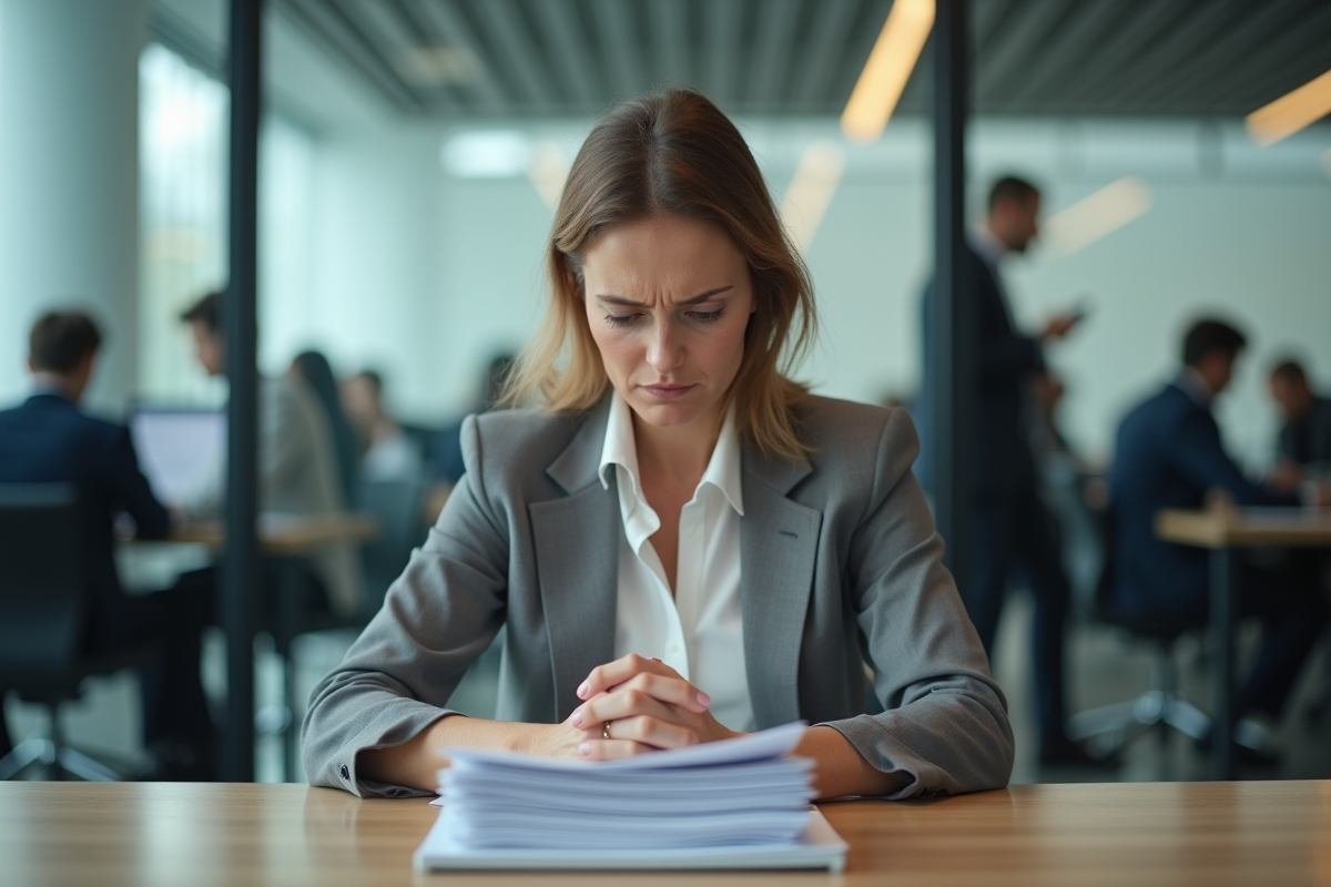 Femme d affaires anxieuse avec documents de pret