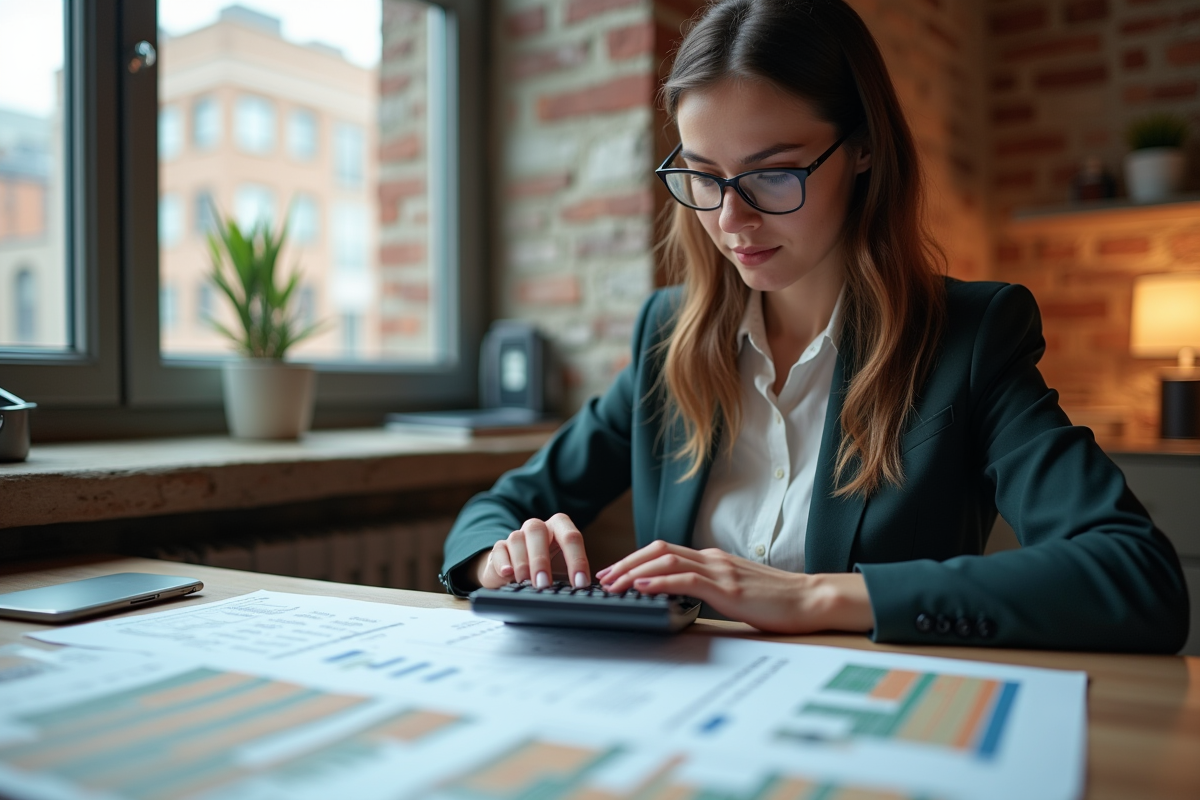 Jeune femme d'affaires examinant des documents immobiliers