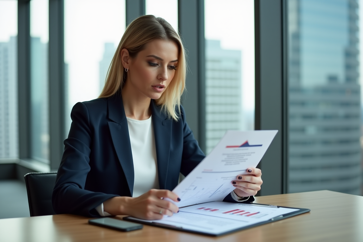 Femme d'affaires en bureau examine un dossier de prêt
