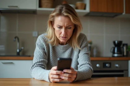 Femme inquiète vérifiant une alerte de virement suspect sur son smartphone dans une cuisine moderne