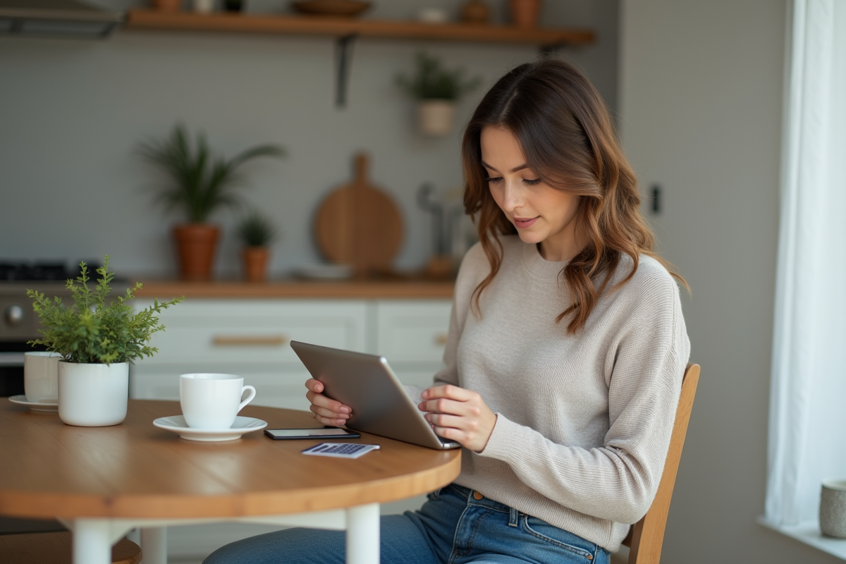 Femme utilisant une tablette pour analyser des calculs d
