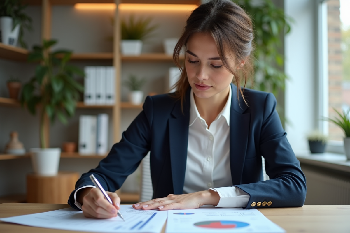 Femme en bureau analysant un rapport avec graphiques