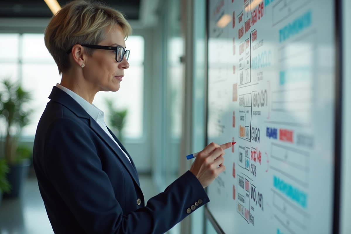 Femme confiante avec tableau blanc en environnement de travail