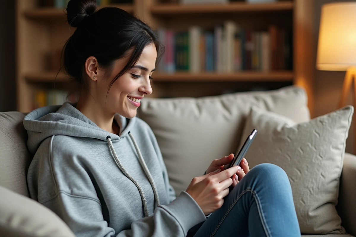 Femme consultant une application de pronostics Egraal sur son smartphone dans son salon