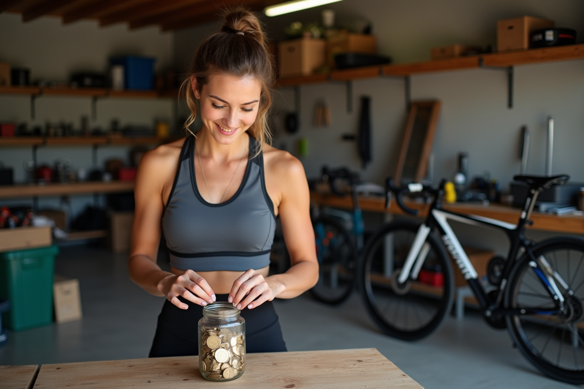 Jeune femme dans un garage trie des pièces de monnaie