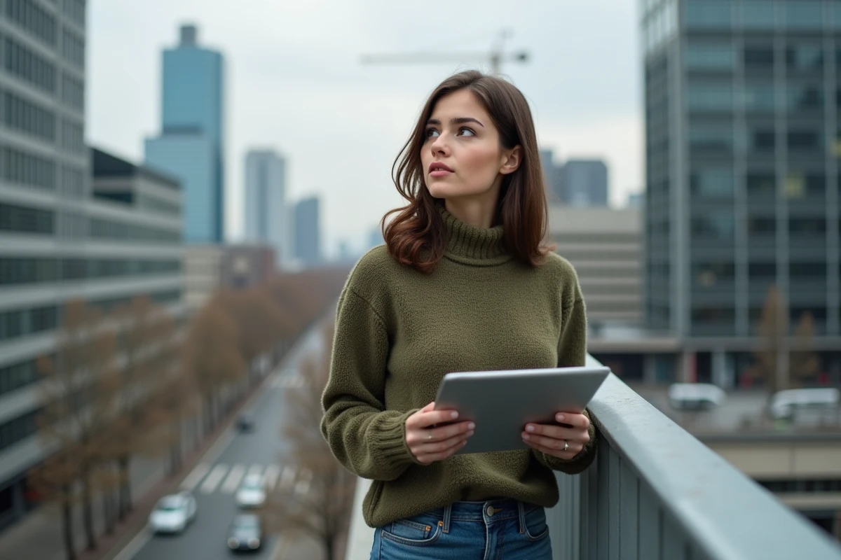 Jeune femme vérifiant des graphiques financiers en extérieur
