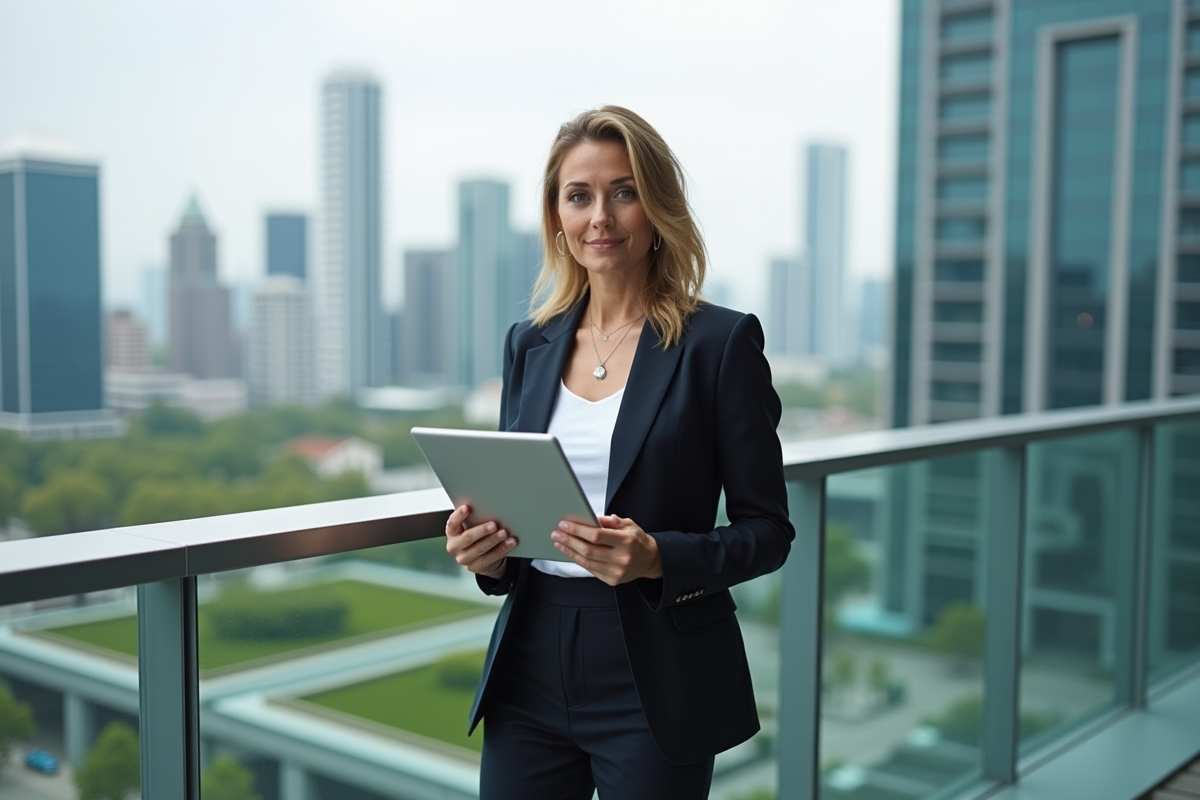 Femme confiante tenant une tablette sur un balcon urbain
