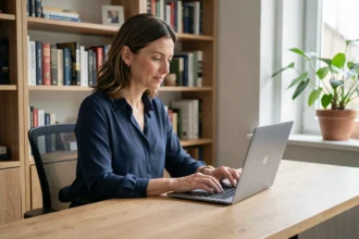 Femme consultant son espace Cyberplus Banque Populaire Centre Atlantique Aquitaine sur un ordinateur portable dans un bureau à domicile