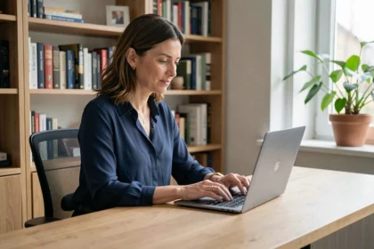 Femme consultant son espace Cyberplus Banque Populaire Centre Atlantique Aquitaine sur un ordinateur portable dans un bureau à domicile