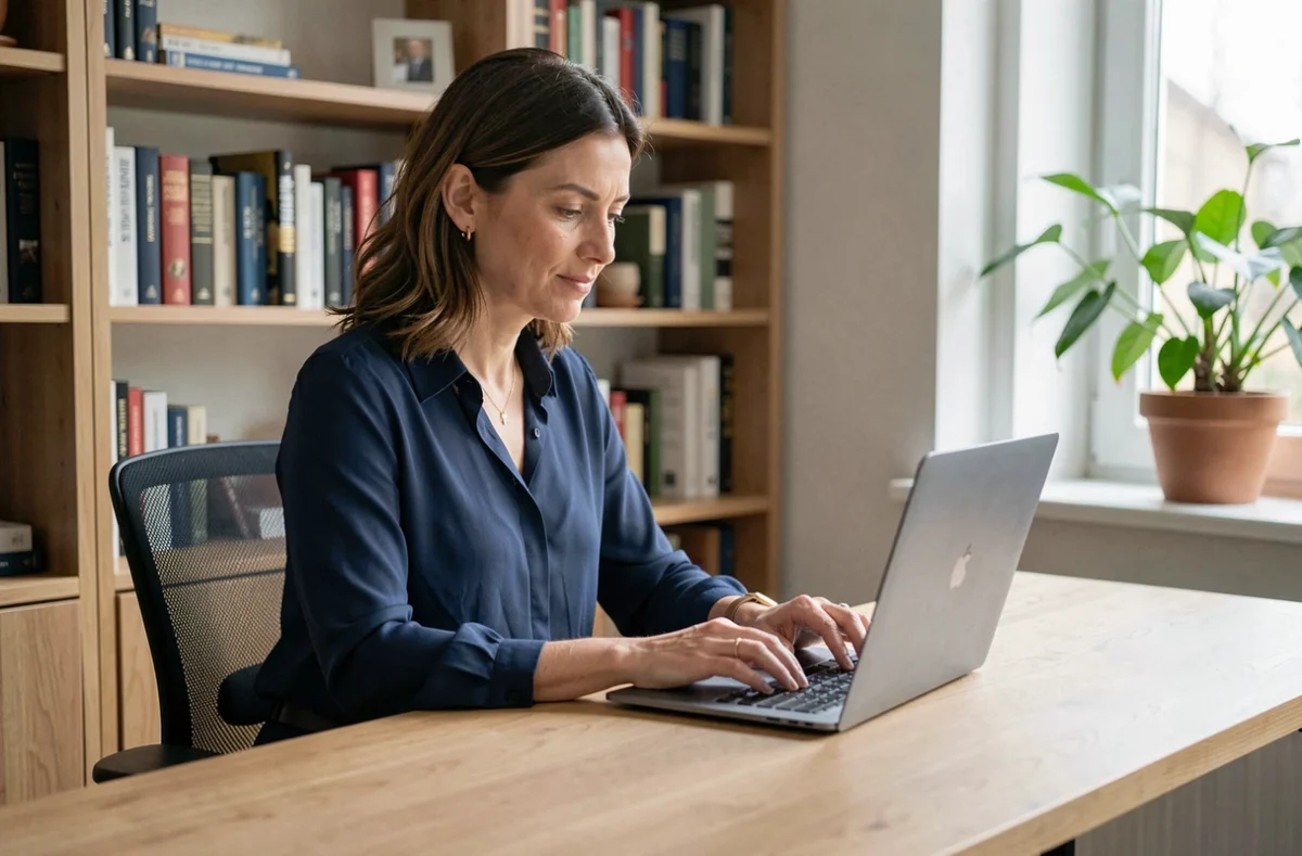 Femme consultant son espace Cyberplus Banque Populaire Centre Atlantique Aquitaine sur un ordinateur portable dans un bureau à domicile