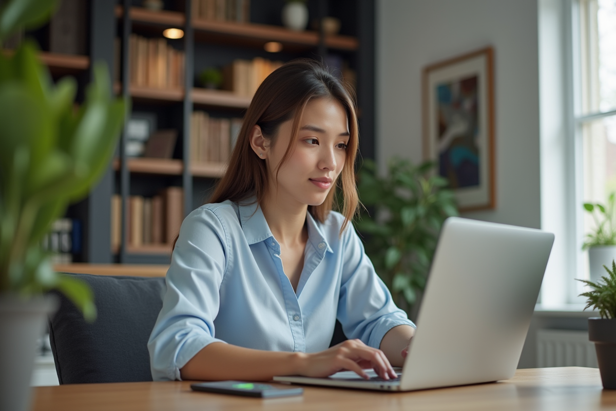 Jeune femme d'affaires utilisant une banque digitale à domicile