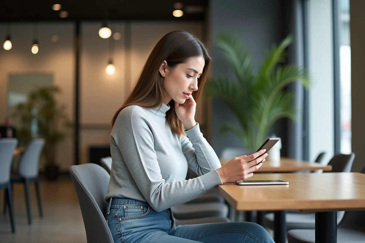 Jeune femme utilisant son smartphone en agence bancaire moderne