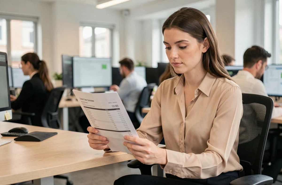 Jeune femme professionnelle analysant une fiche de paie dans un bureau moderne, illustrant le calcul du salaire brut en net en 2026