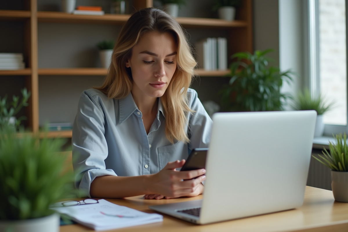 Femme en bureau moderne utilisant son smartphone pour analyser des graphiques d'investissement