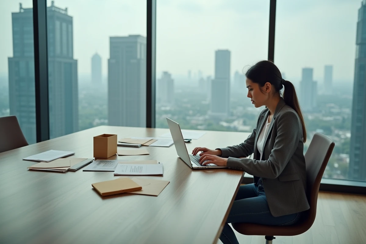 Jeune femme en tenue décontractée travaillant à son ordinateur