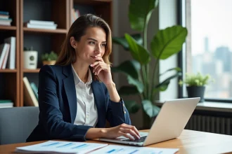 Femme en bureau moderne travaillant sur ordinateur