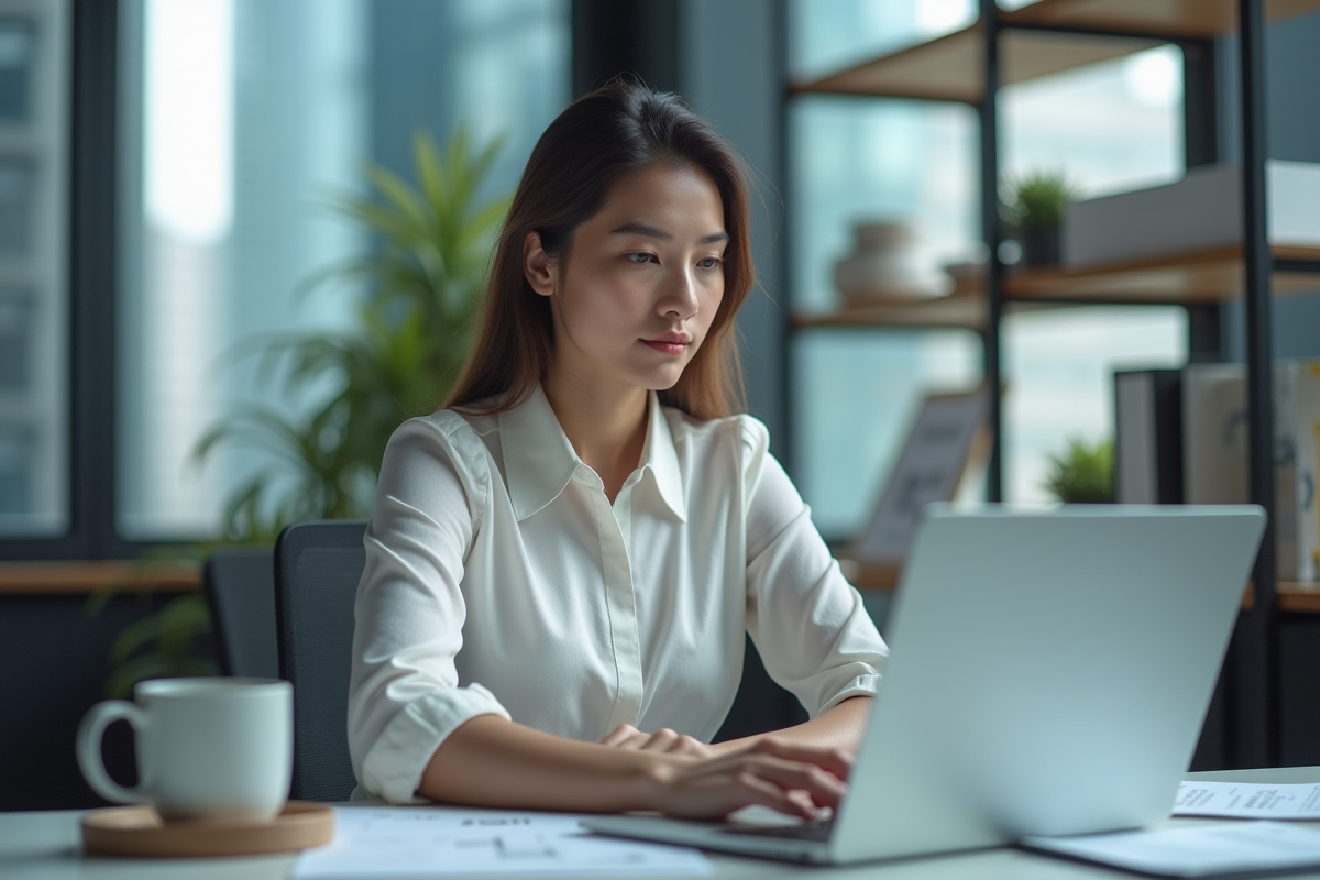 Jeune femme professionnelle travaille sur son ordinateur dans un bureau