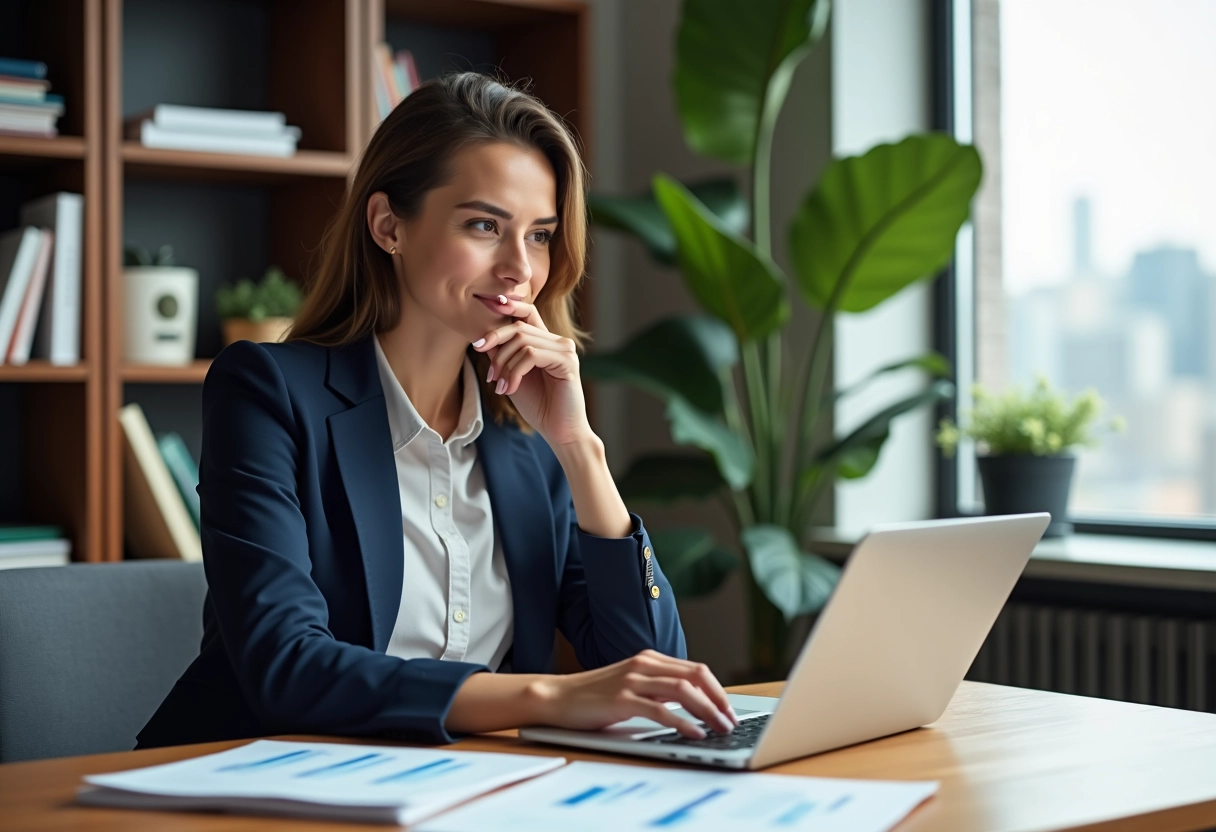 Jeune femme professionnelle travaille sur son ordinateur dans un bureau