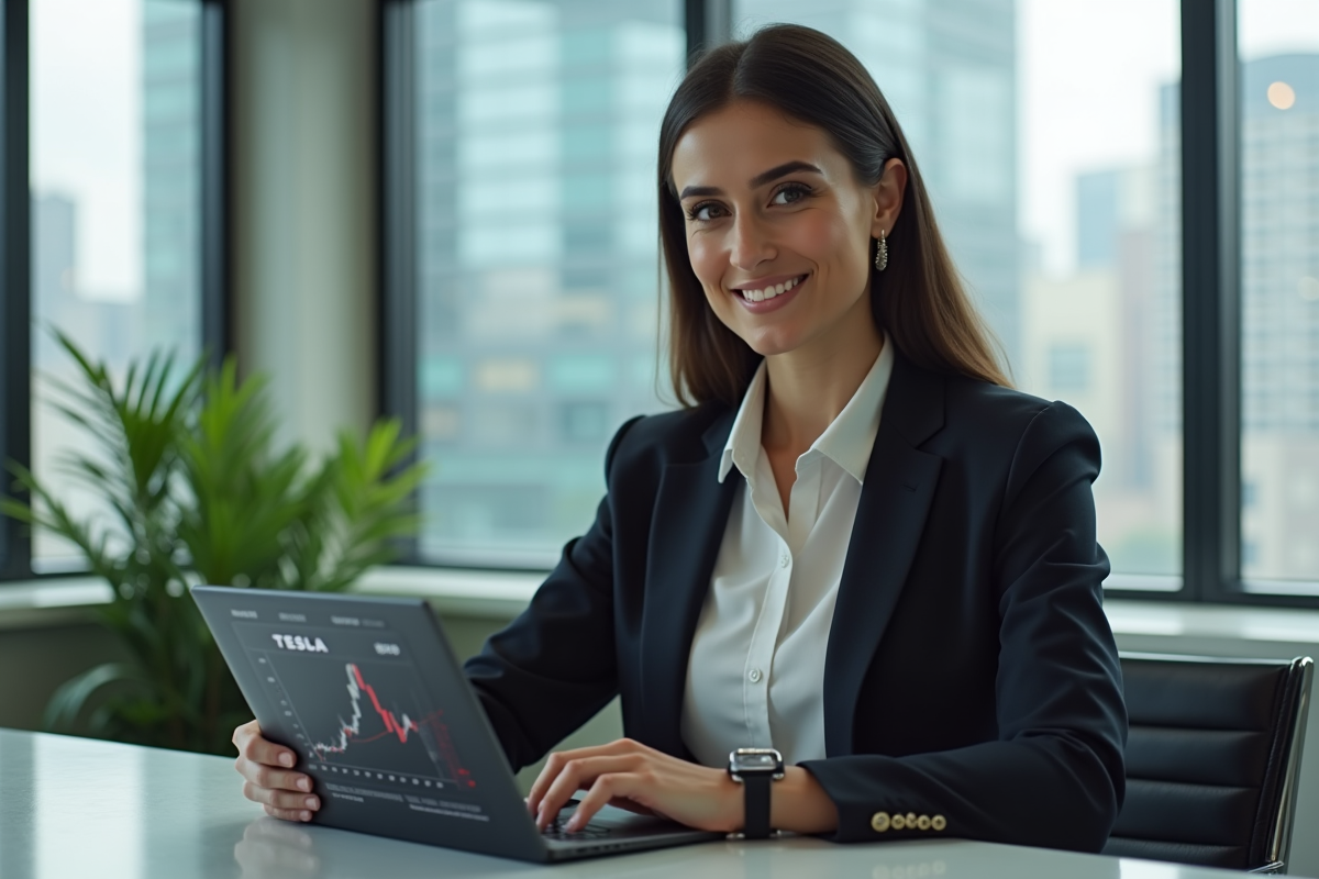 Femme d affaires avec tablette affichant Tesla