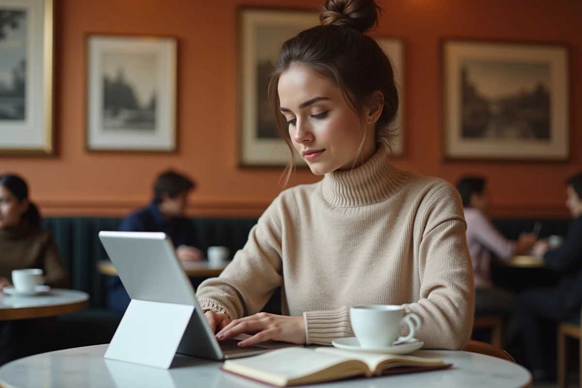 Jeune femme dans un café parisien consultant le site AVIVASIGORTA.COM.TR sur une tablette pour obtenir un contact