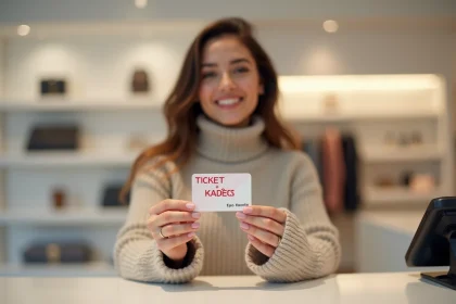 Femme tenant une carte Ticket Kadéos Infini devant un terminal de paiement en boutique