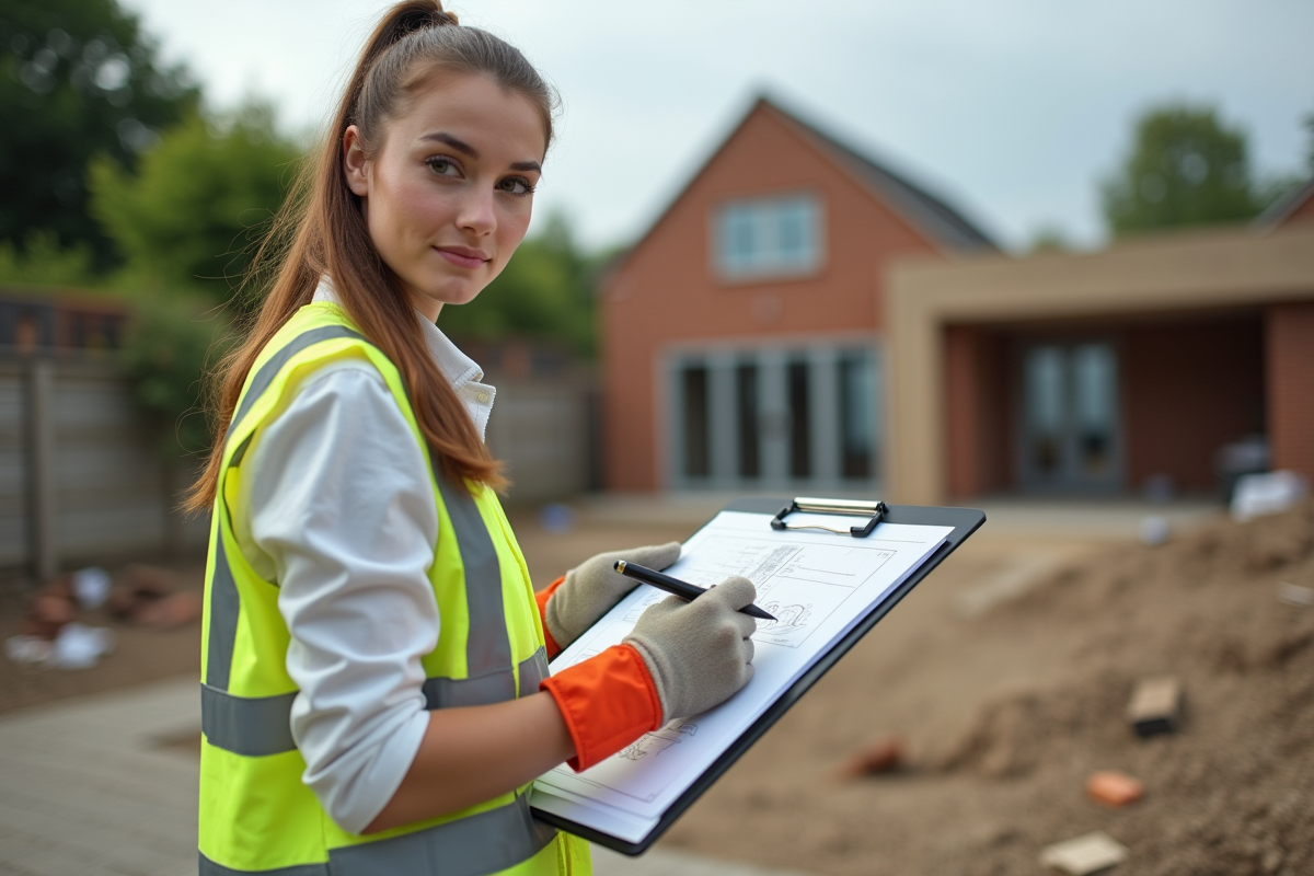 Jeune femme en vêtements de travail avec gants sur un chantier