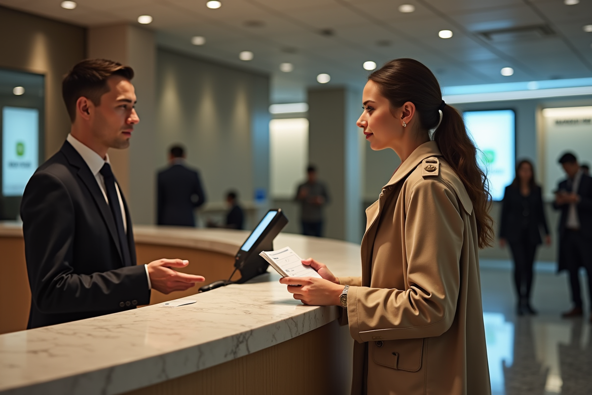 Jeune femme avec trench-coat au guichet bancaire