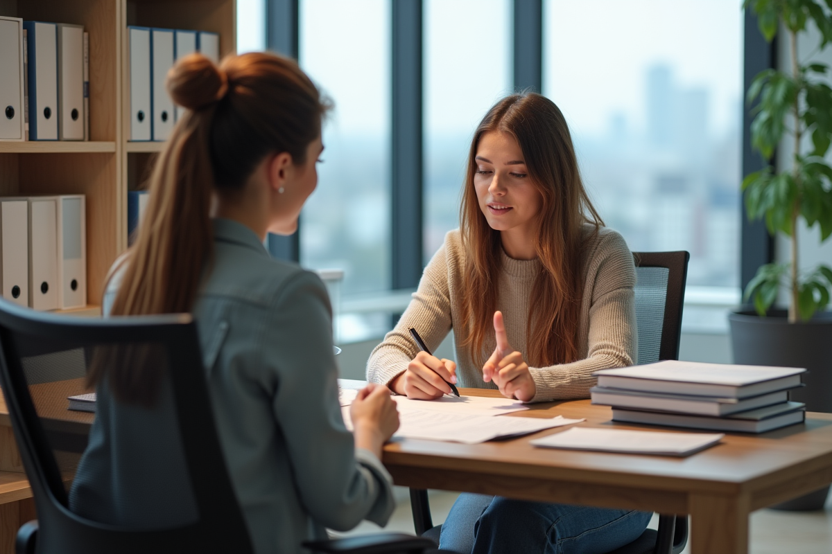 Jeune femme discute avec un conseiller en assurance au bureau