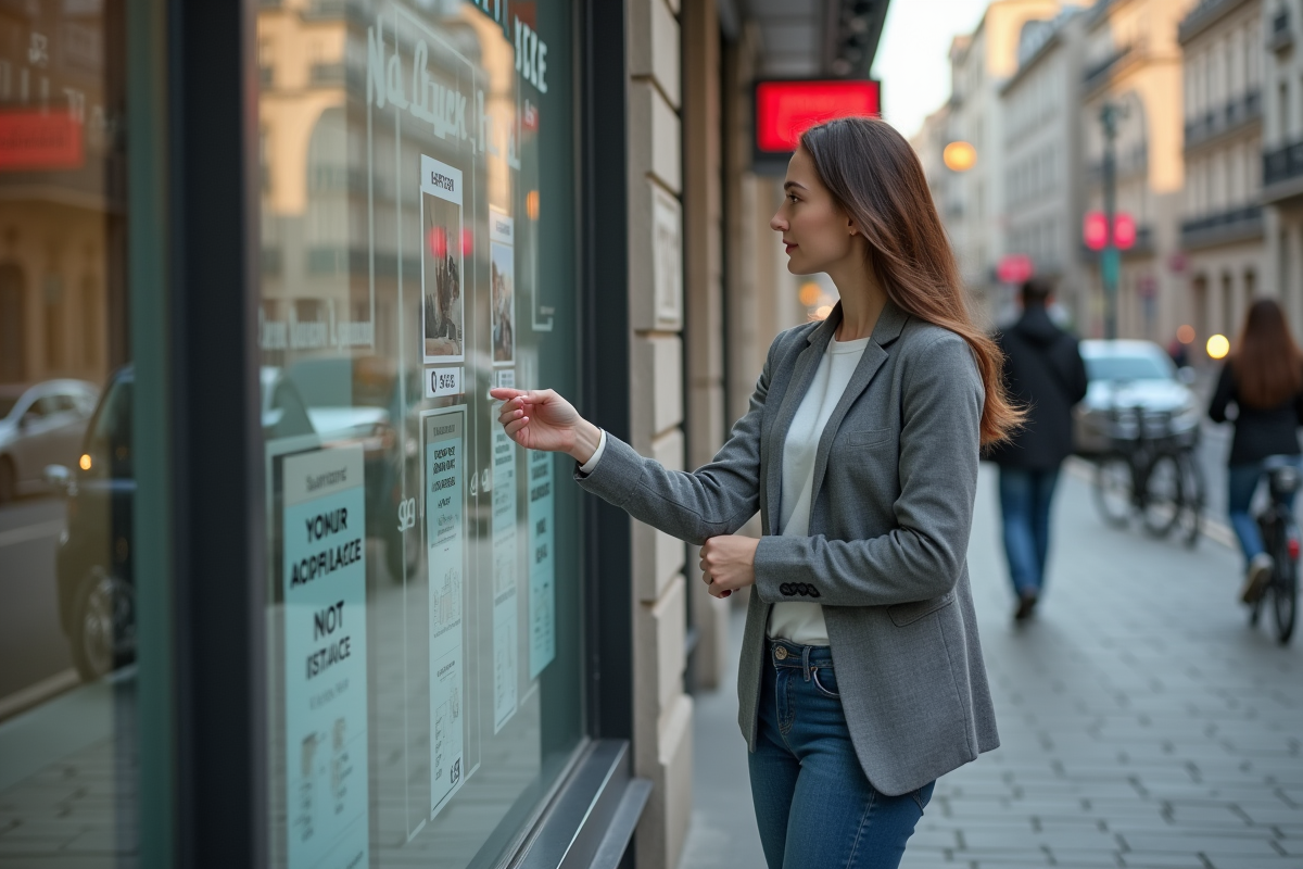 Femme regardant des annonces immobilières en extérieur