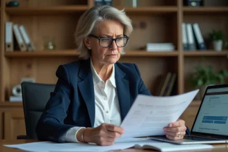 Femme consultant son contrat d'assurance vie Banque Postale pour réduire les frais
