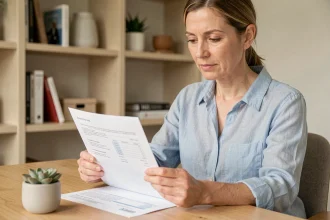 Femme consultant un document de livret d'épargne LEL à son bureau à domicile