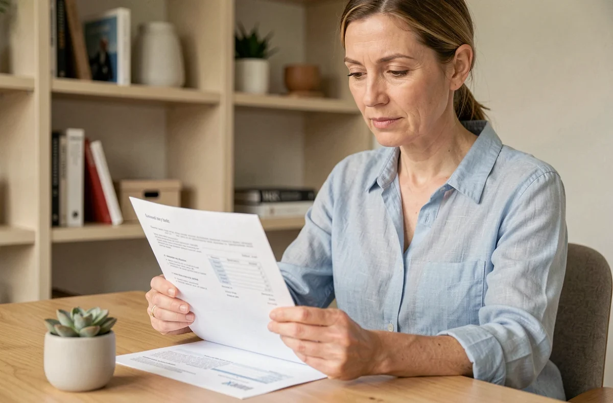 Femme consultant un document de livret d'épargne LEL à son bureau à domicile