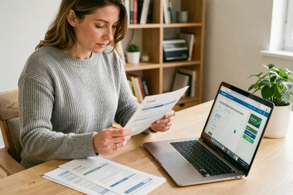 Femme consultant ses relevés bancaires Caisse d'Épargne des Savoie sur ordinateur portable depuis son bureau à domicile