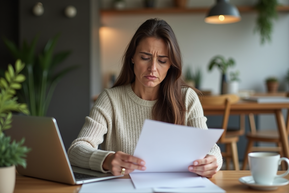 Femme d'âge moyen à la maison étudiant un document avec inquiétude